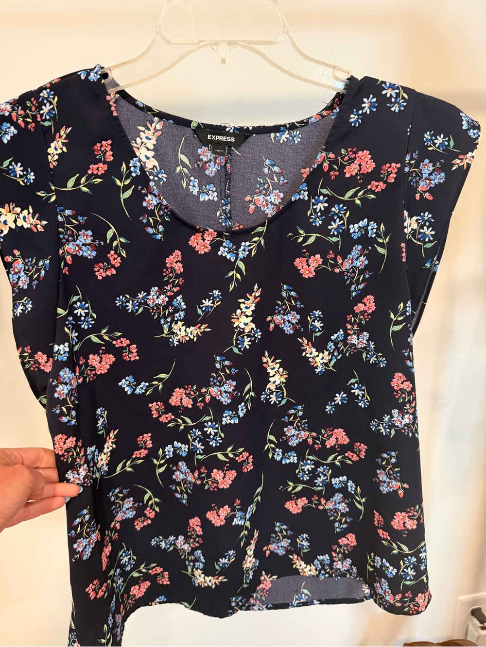Express Navy Floral Cap Sleeve Blouse with Pink & Light Blue Blooms